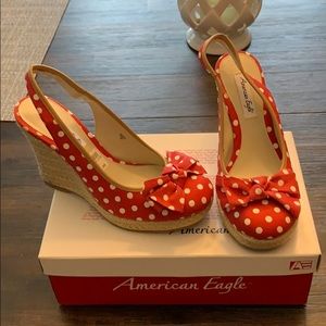 Red and white polka dot wedge